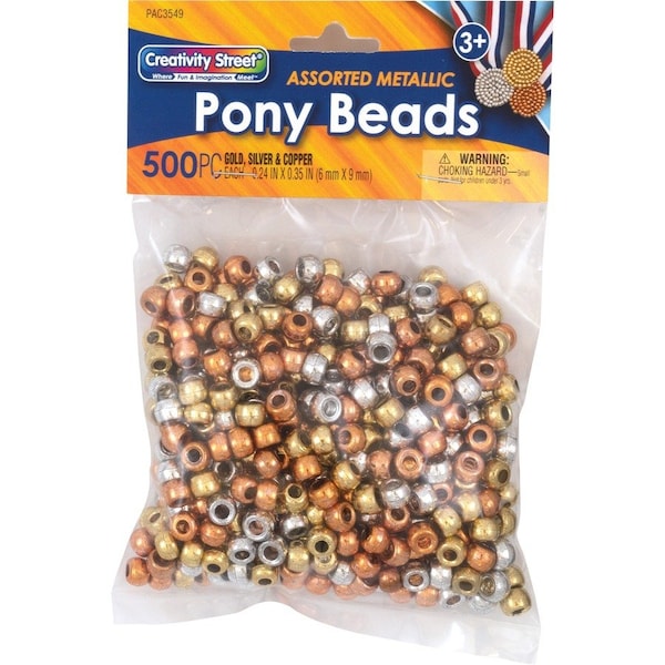 Pacon Pony Beads, 1/4"x2/5", 500/PK, Metallic PK PAC3549 - main